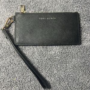 Tory Burch York Zip Leather Card Case Wristlet Black Gold Hardware Small